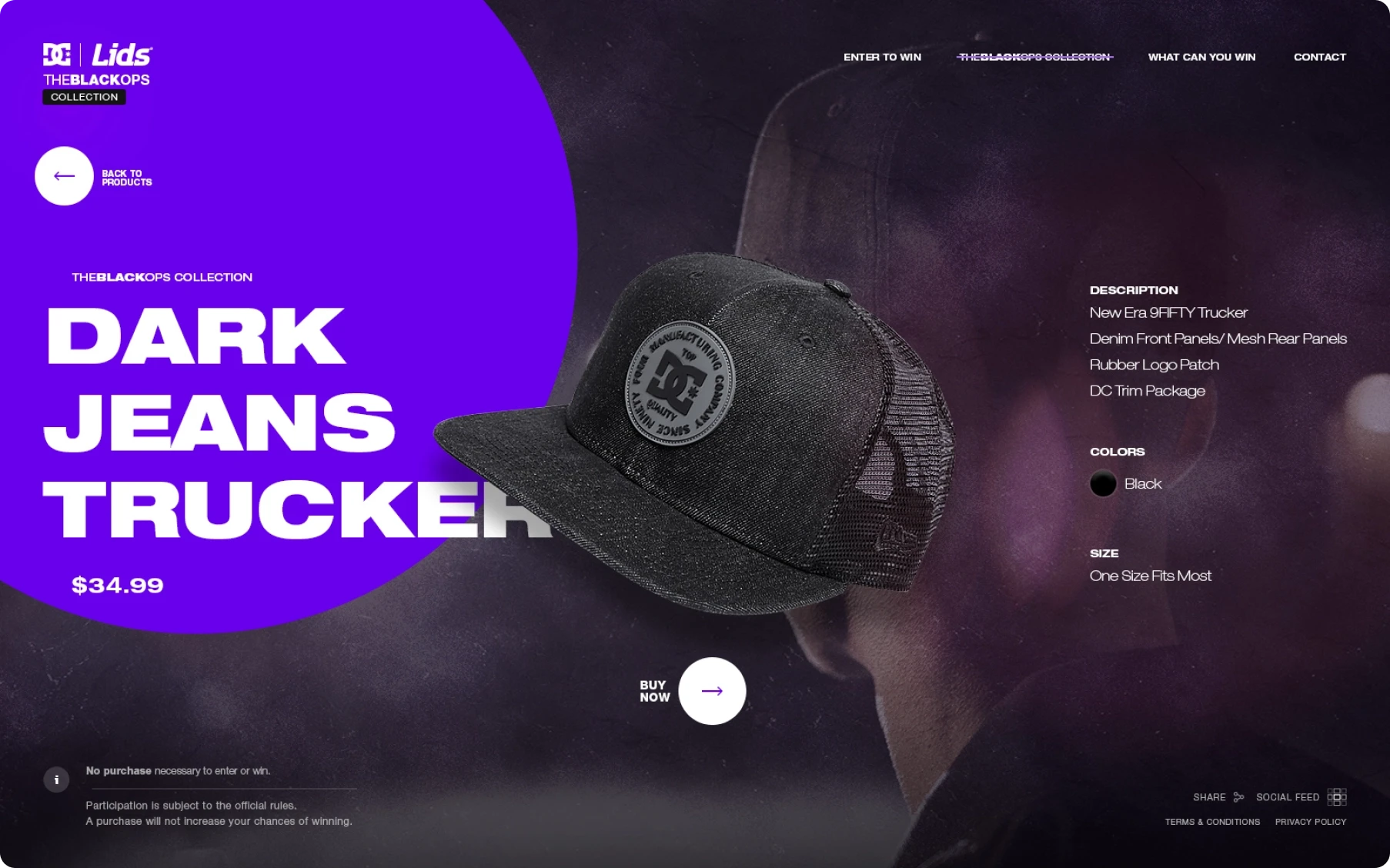 Lids promotional webpage featuring a black Dark Jeans Trucker hat on a shadowed model, with purple accents, product details, and a $34.99 price.