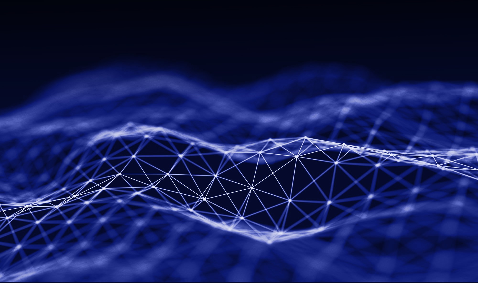 Abstrakte blaue Grafik mit leuchtenden Linien und Knotenpunkten, die ein digitales Netzwerk und technologische Vernetzung symbolisieren.