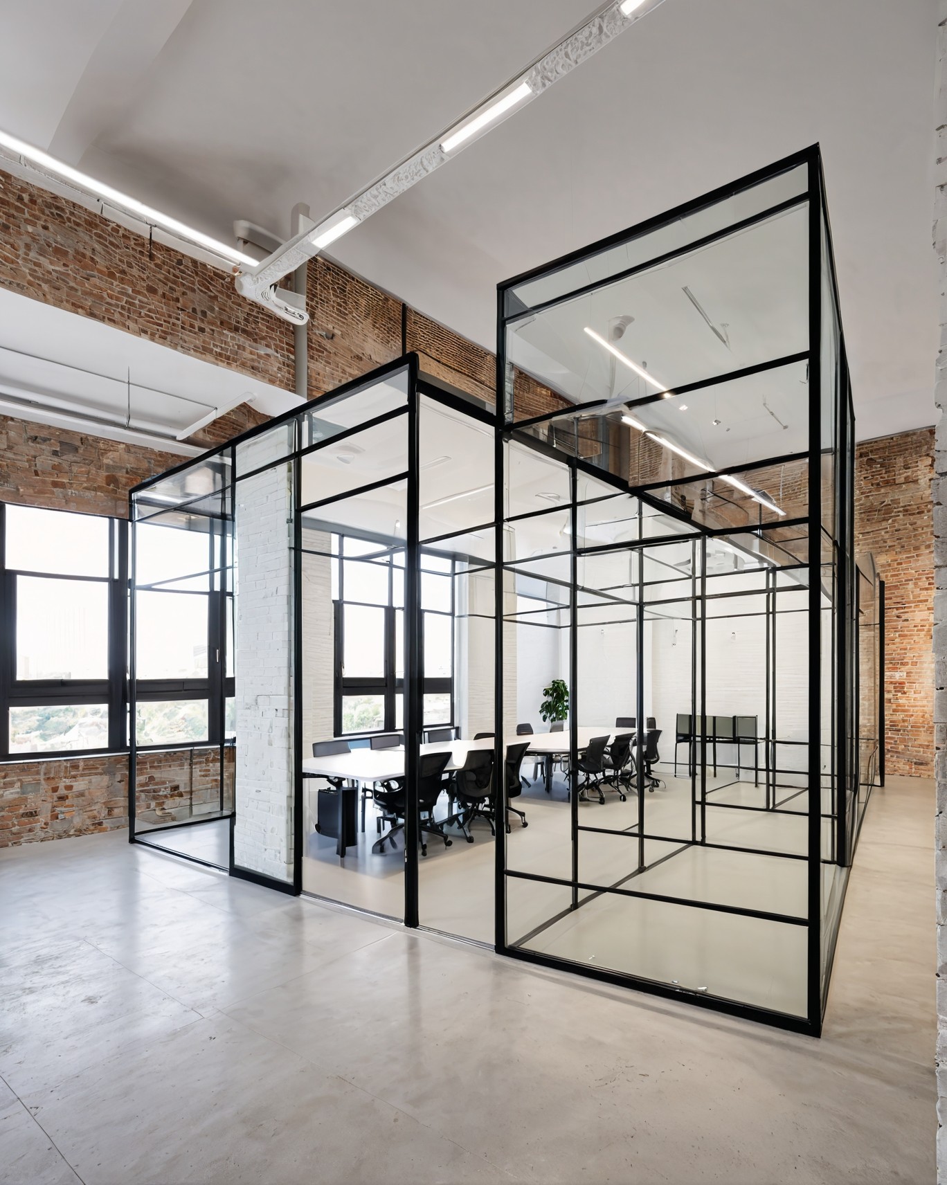 Minimalist workspace with black-framed glass partition and natural wood flooring—blending structure and warmth