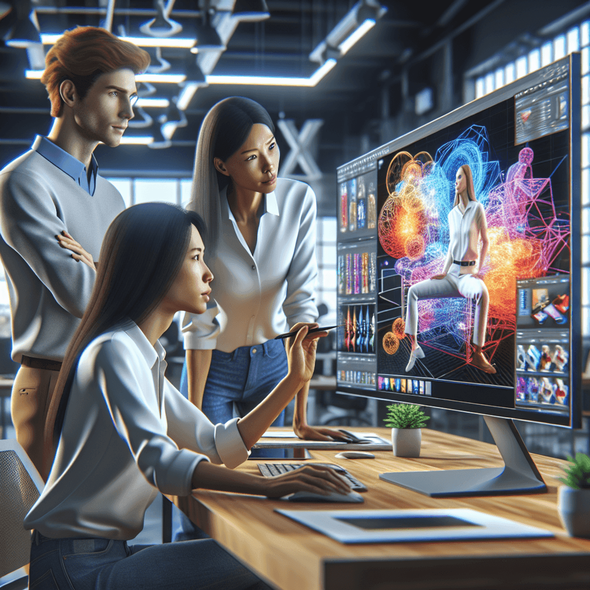 Team of designers analyzing 3D product rendering on a computer screen in a modern office, discussing pricing and visualization techniques.