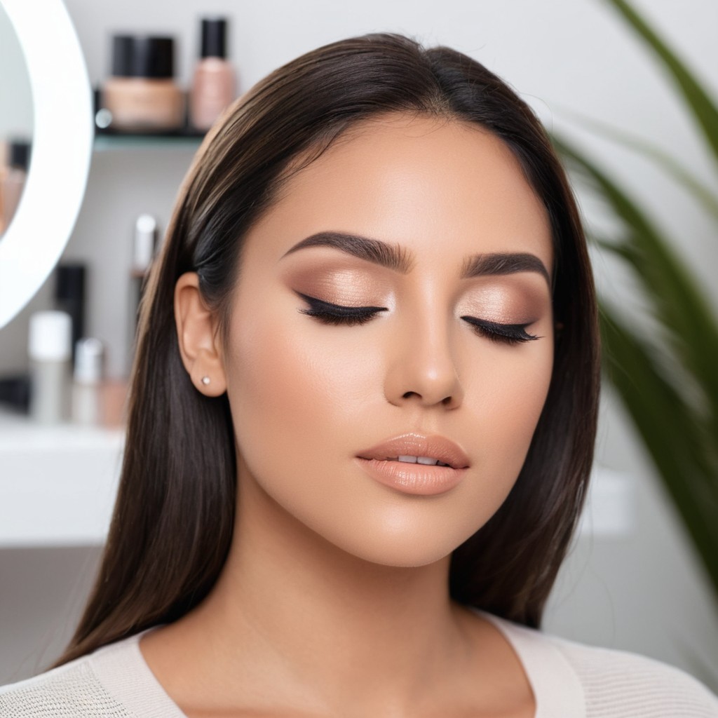 Mujer con maquillaje social delicado, labios naturales, rostro ligeramente contorneado y sombras de ojos suaves en Carlos y Hugo Spa en Arequipa