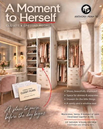 Concept cover of a dressing room with a vanity, shoe shelves, hanging bays, drawers and a window seat.