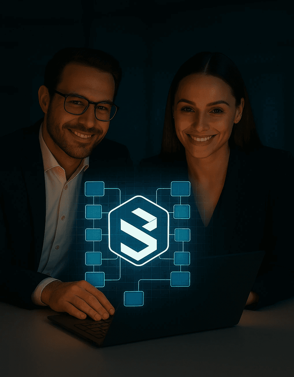 Man and woman using laptop