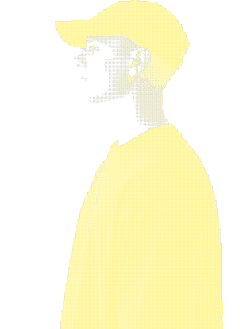 Digital designer portrait with bold yellow typography