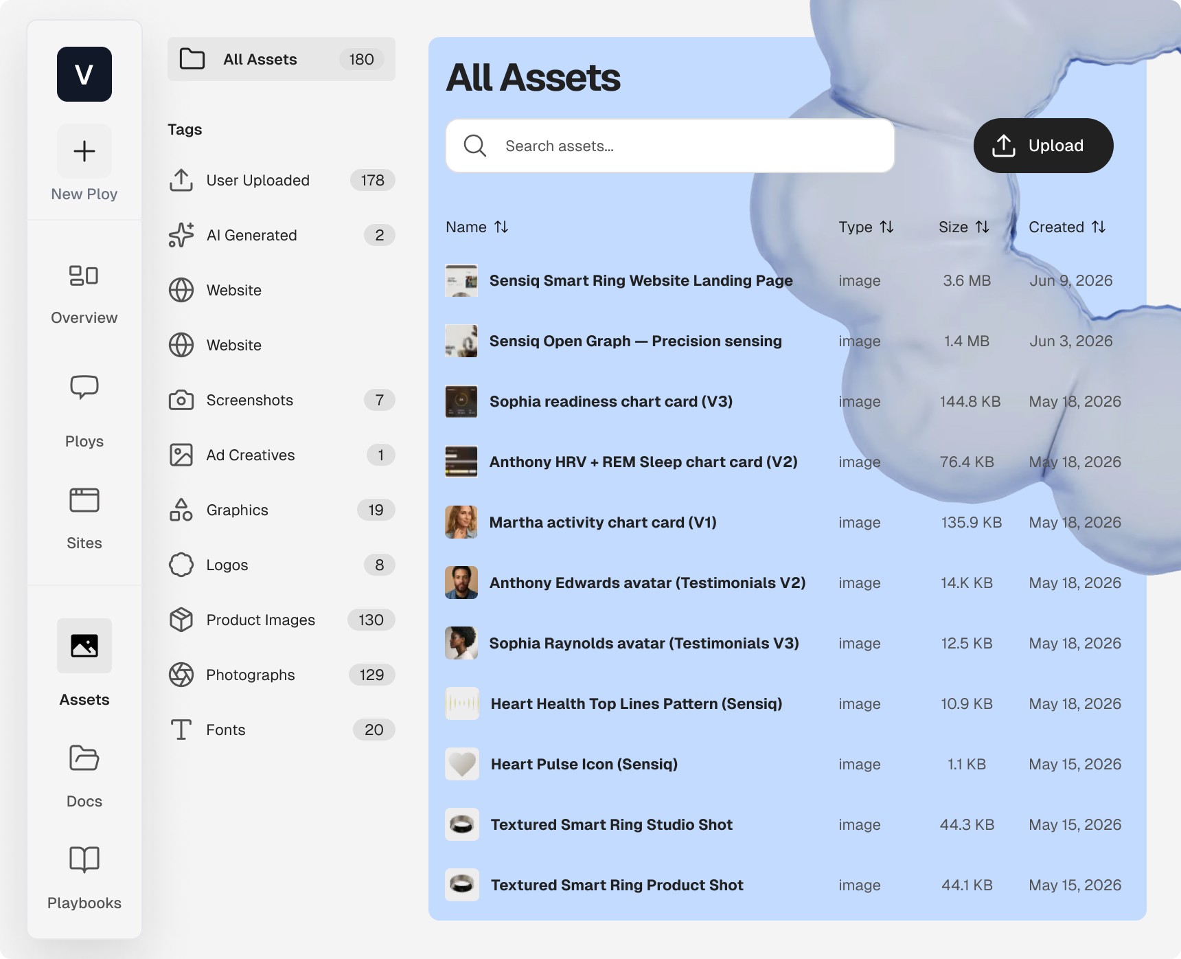 Ploy Assets library for the Sensiq project, showing 180 assets tagged by type: product images, photographs, logos, screenshots, and fonts