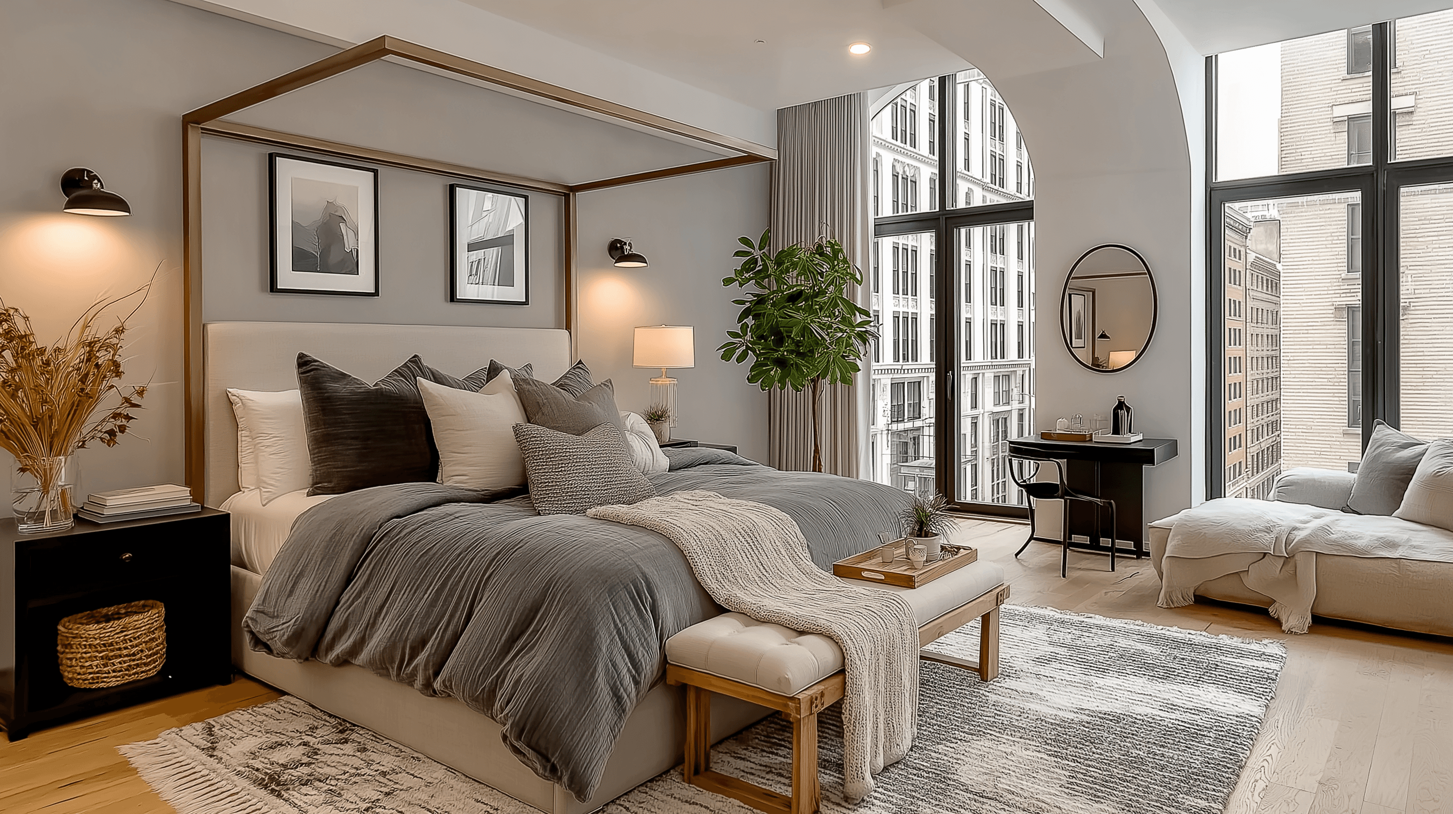 Cozy modern bedroom featuring a large canopy bed with grey bedding, a seating area, and large arched windows looking out onto a city street.