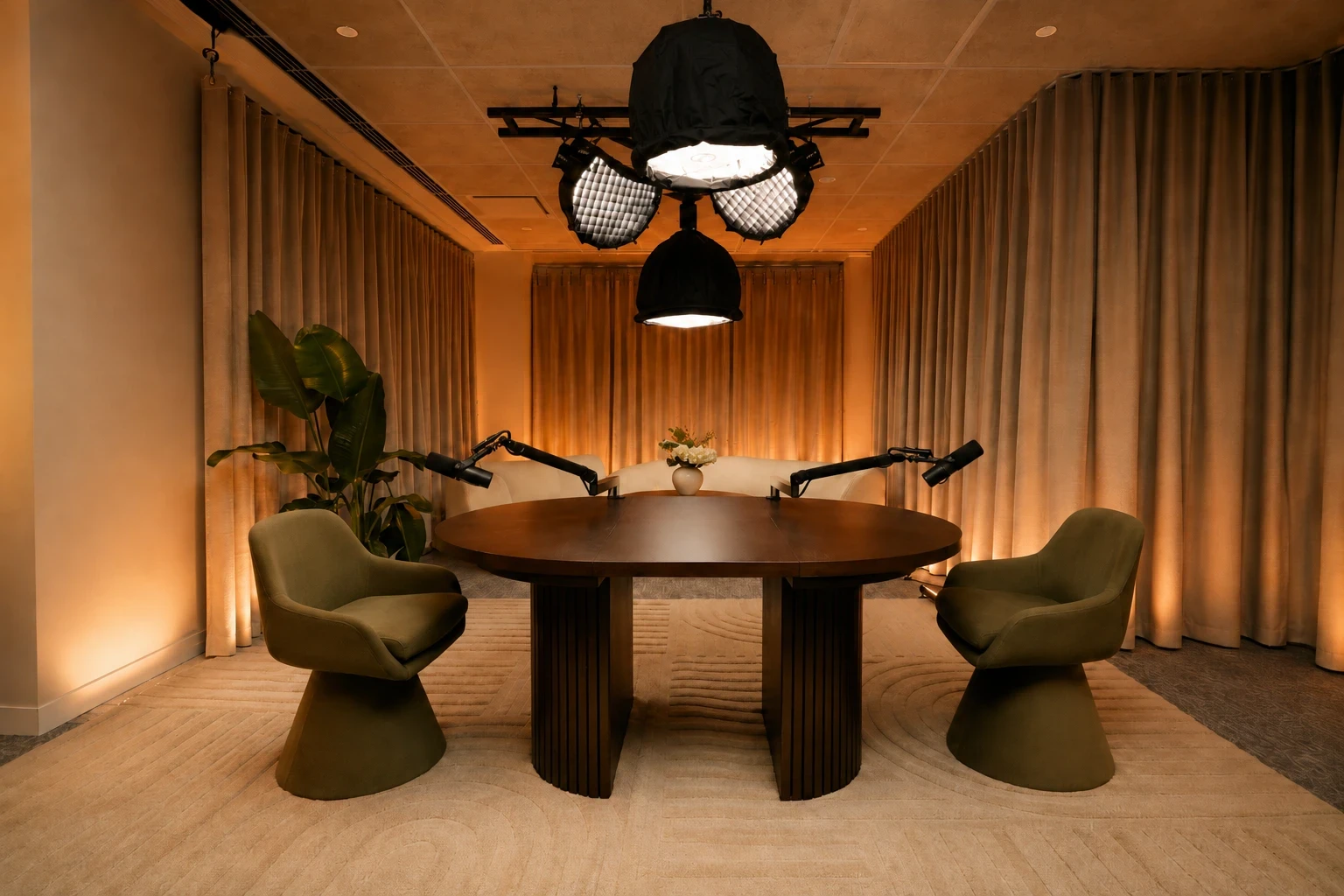 OAK – Collins Street: a round table with two green chairs and warm curtain lighting