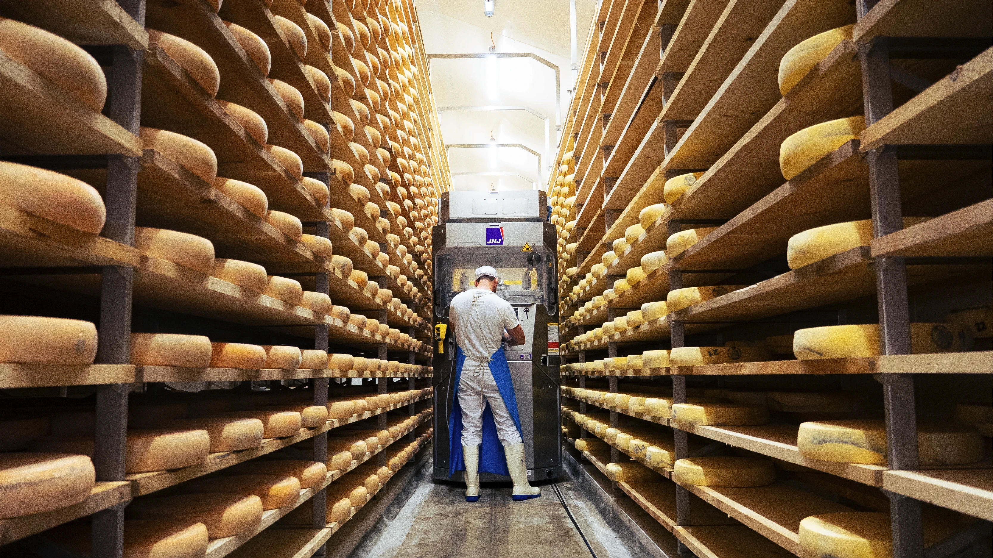 Allée de meules de fromage à la Fromagerie de Gilley