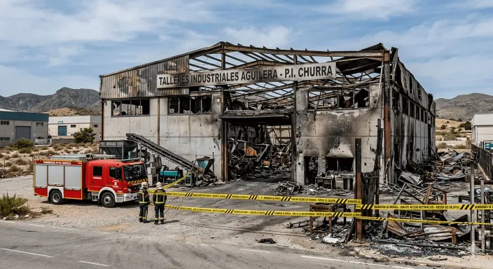 Nave industrial precintada tras un incendio, provocando la paralización total de la actividad productiva.
