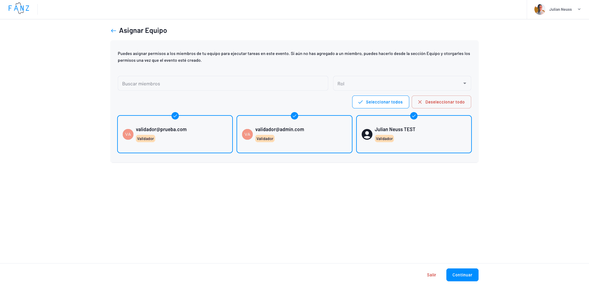 asignar miembros del equipo al evento 
