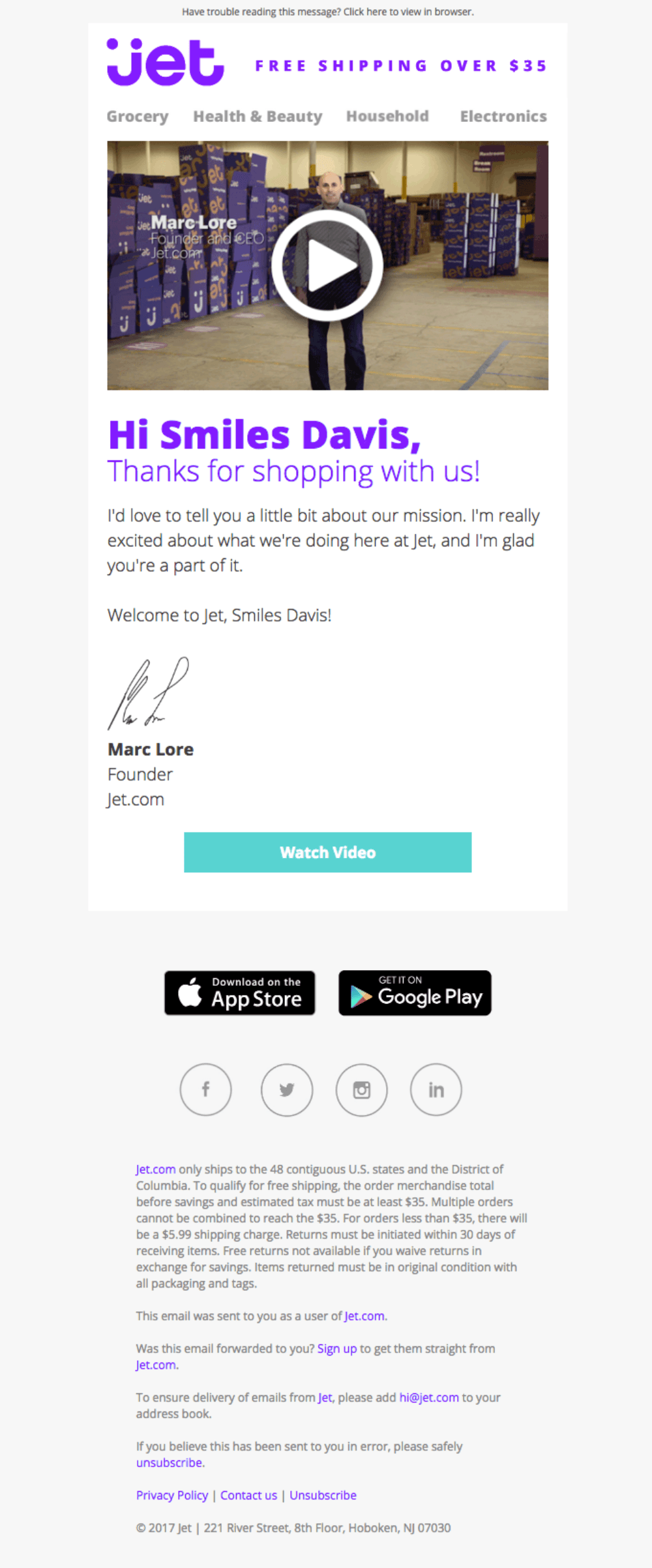 Jet welcome email addressed to Smiles Davis. Features a video message from the CEO in a warehouse setting, emphasizing the mission and free shipping for orders over $35.