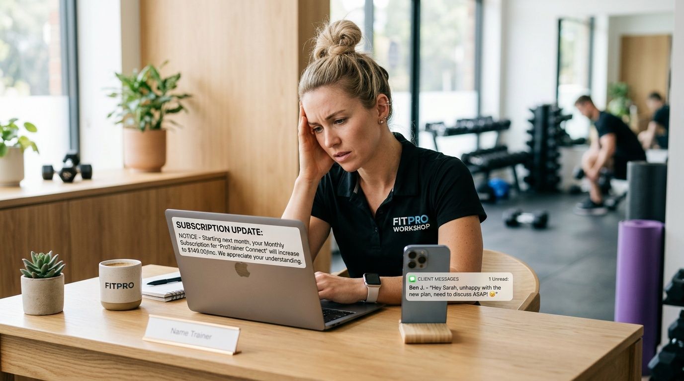 A stressed female fitness trainer works on her laptop with a subscription increase notification on screen.