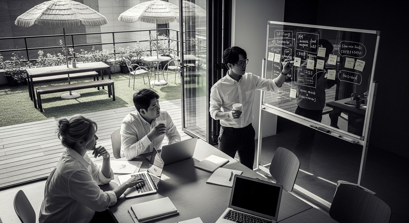 Three people sitting on a couch in a room looking at mobile devices