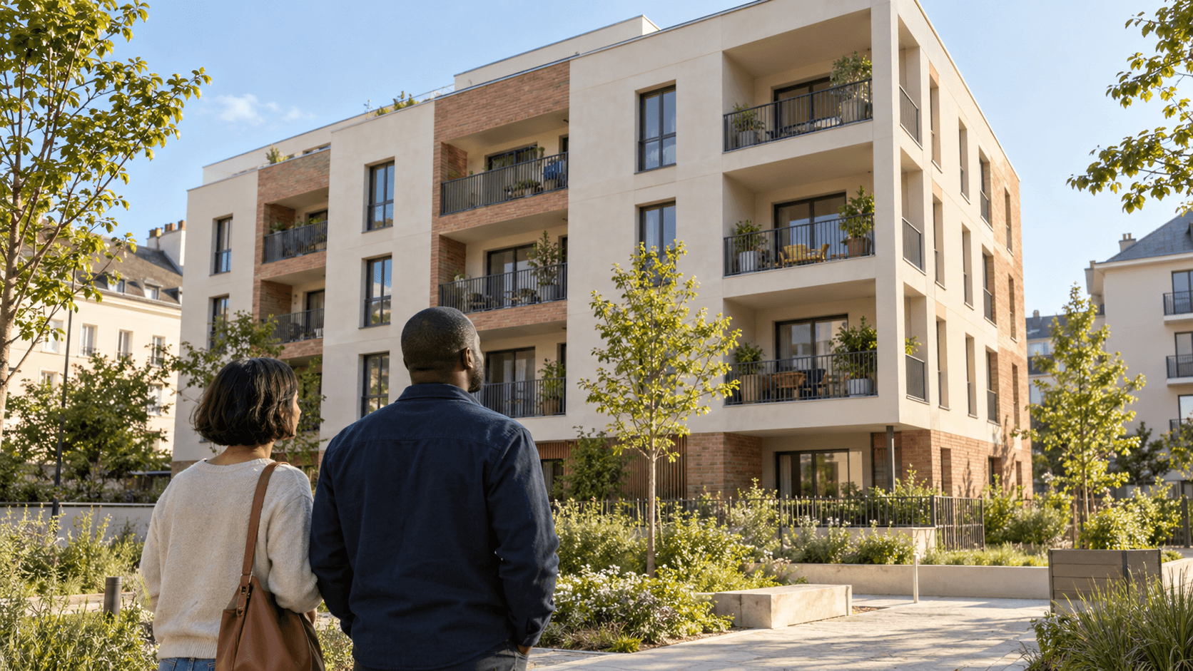 Deux personnes observent une résidence contemporaine avec des balcons et un jardin.