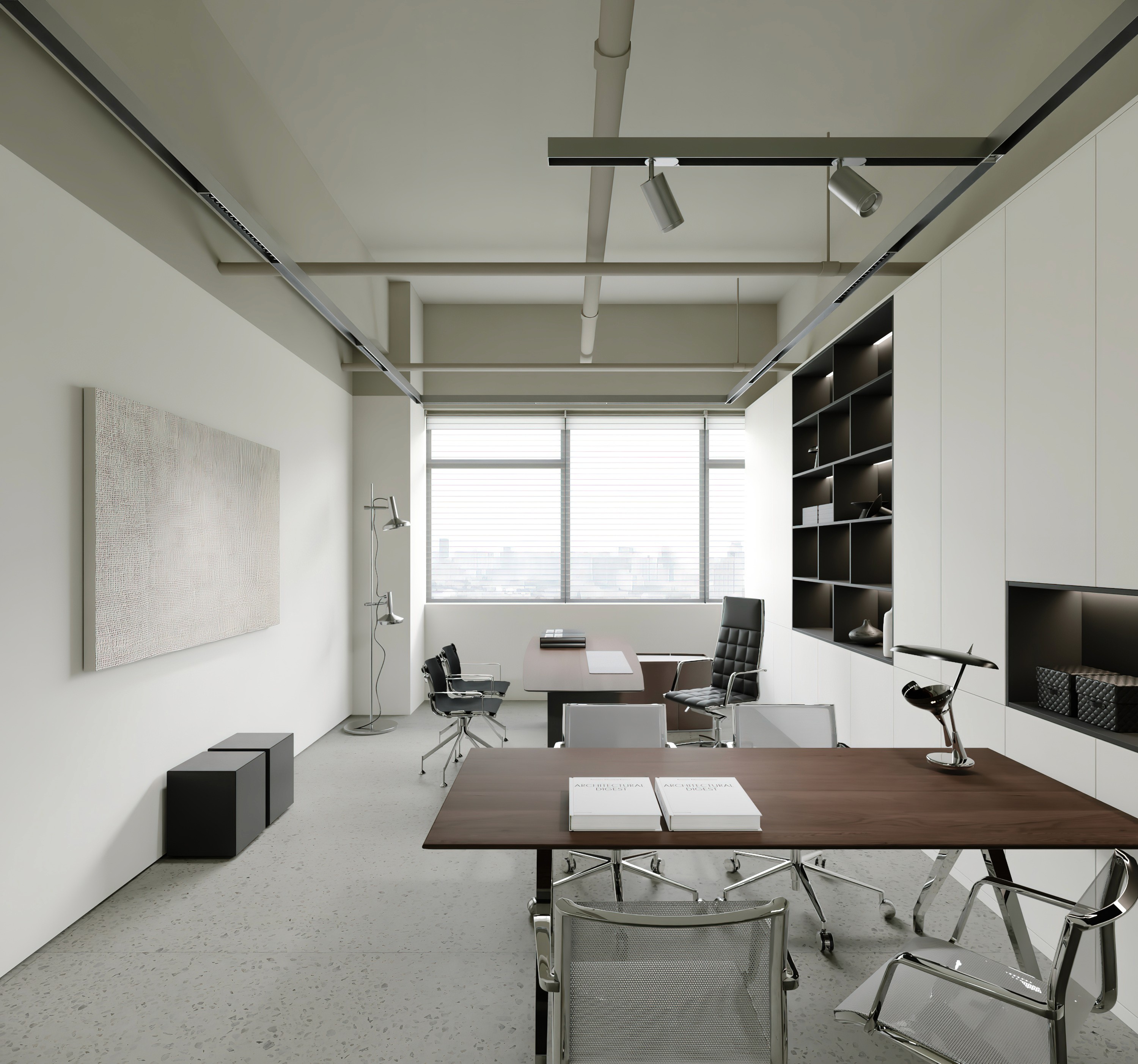 Office interior designer breakout space featuring tropical plant styling and natural textures