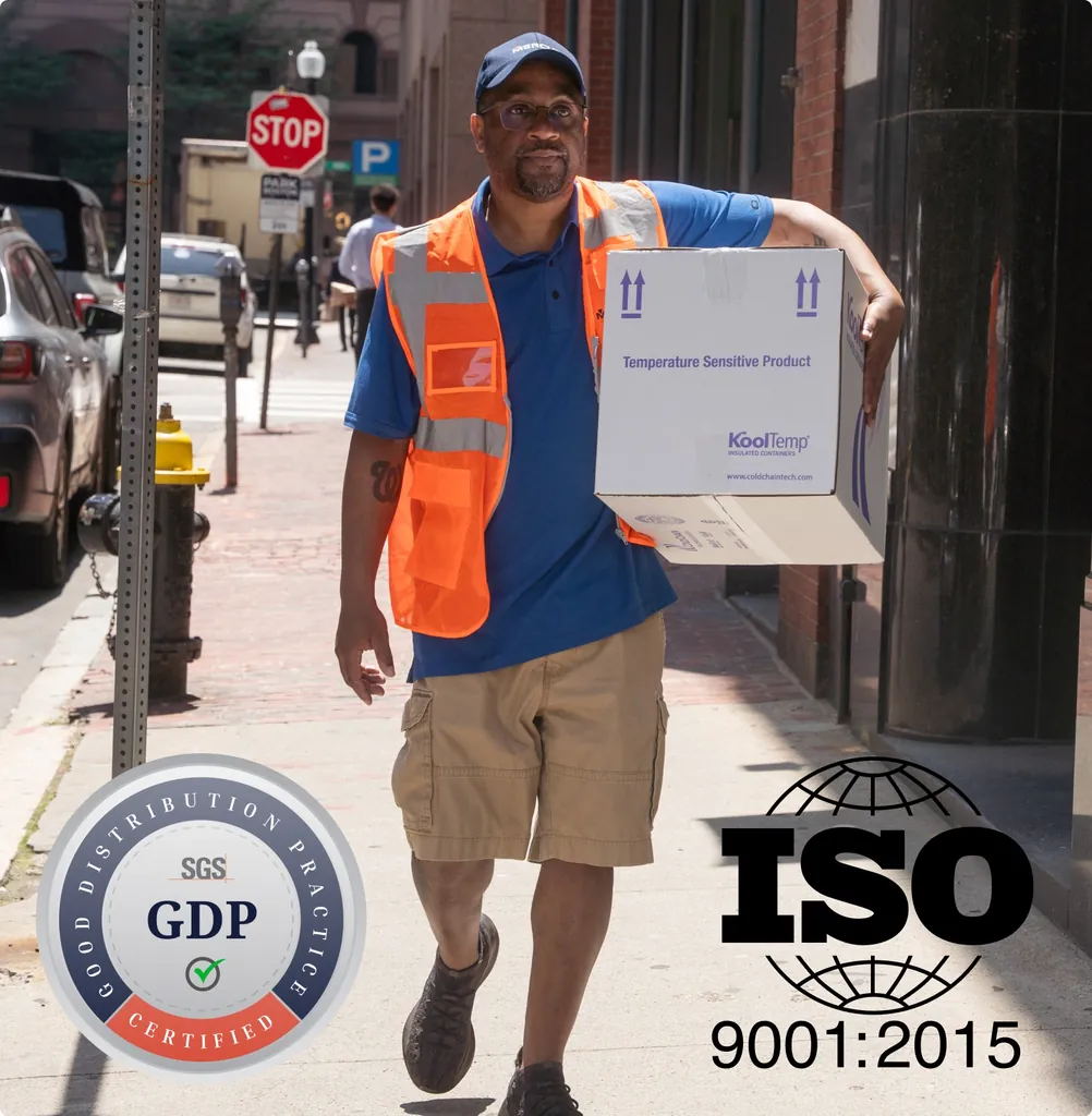 Mercury courier carrying a temperature sensitive package, with GDP and ISO 9001:2015 badges