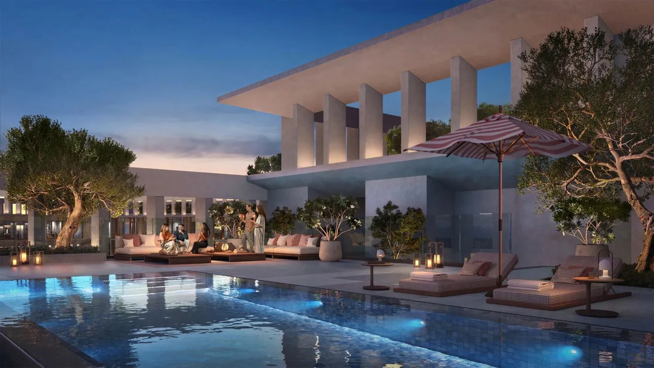 Nighttime illustration of the new hotel in Danube Shahrukhz, emphasizing its vibrant lights and sleek architectural features.