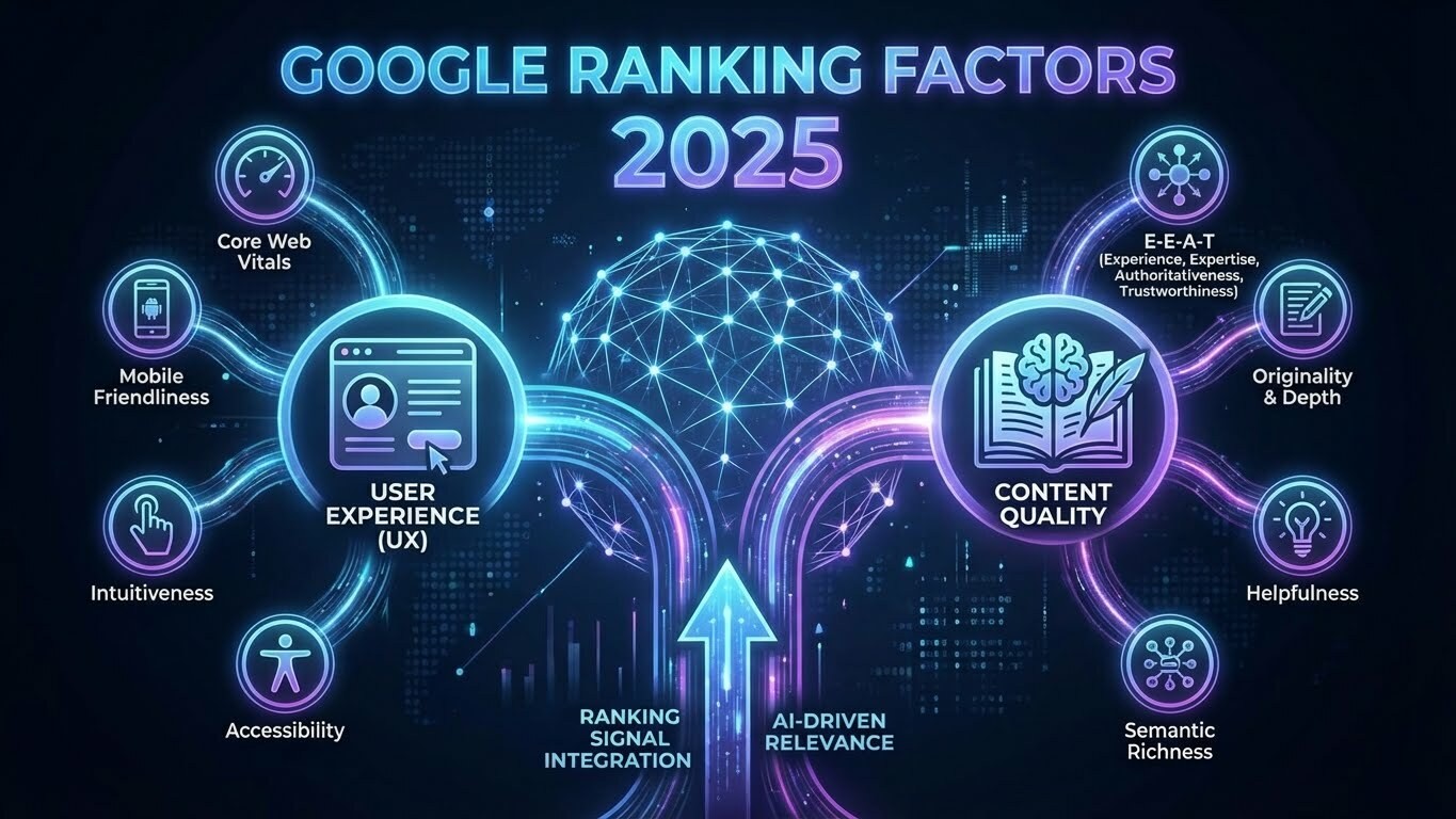 Google ranking factors visualization for 2025 showing user experience and content quality