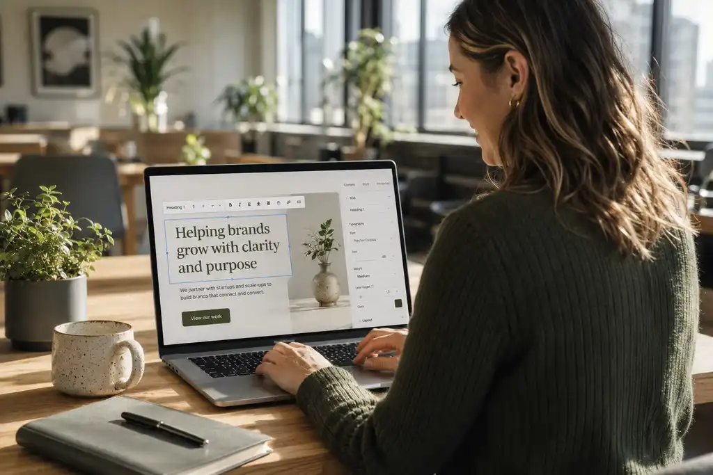 Woman editing website on laptop
