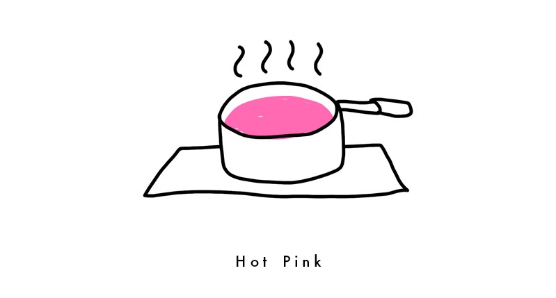 An image of a casserole on a carpet. The casserole is filled with a pink substance. The title of the image: Hot pink.