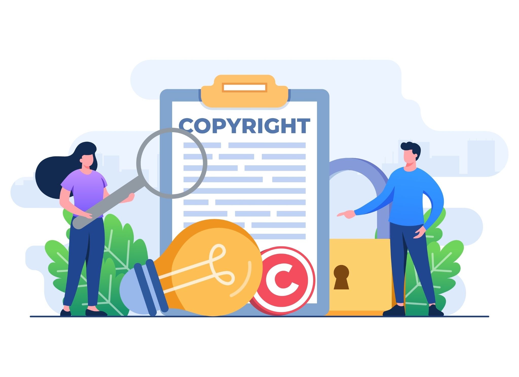 Creator content copyright agreement illustration showing two people reviewing a copyright contract with a lock and intellectual property icons