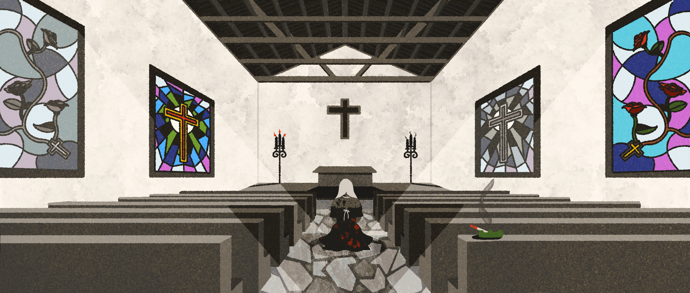 Illustration of troubled women with soiled, bloodied clothes kneeling in prayer inside a chapel.