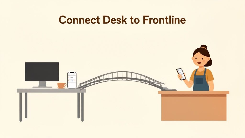 Illustration showing a bridge connecting a desk with a computer and smartphone to a frontline worker.