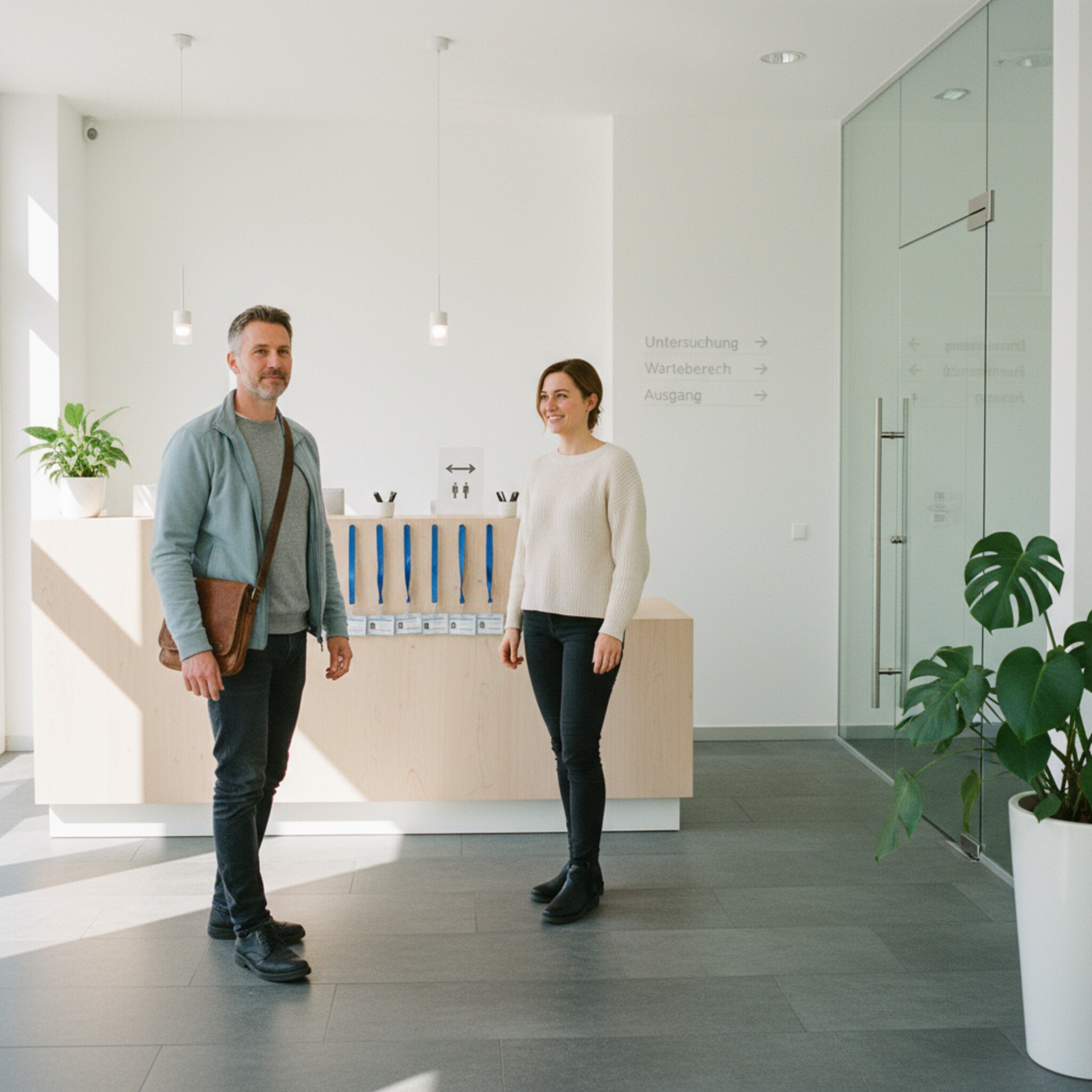 Am Empfang liegen vorbereitete Besucherausweise und dezente Wegweiser bereit. Eine Mitarbeiterin begrüßt die nächste Person mit einem freundlichen Lächeln. Das Foyer ist hell, Pflanzen und klare Linien schaffen Ruhe. Die Szene vermittelt Orientierung und einen zügigen Ablauf.