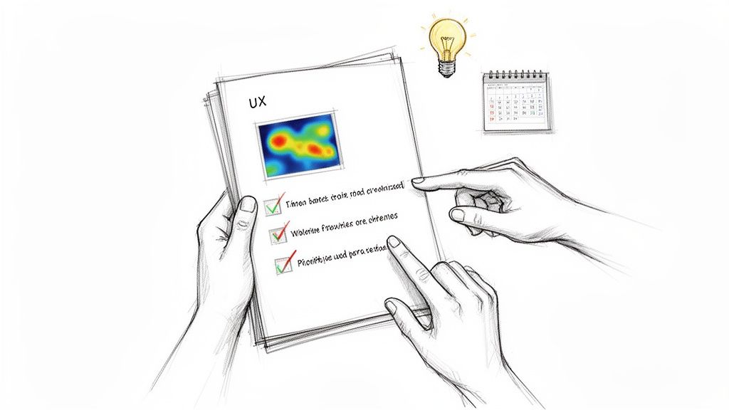 Hands reviewing a UX document with a heatmap, checklist, lightbulb, and calendar.