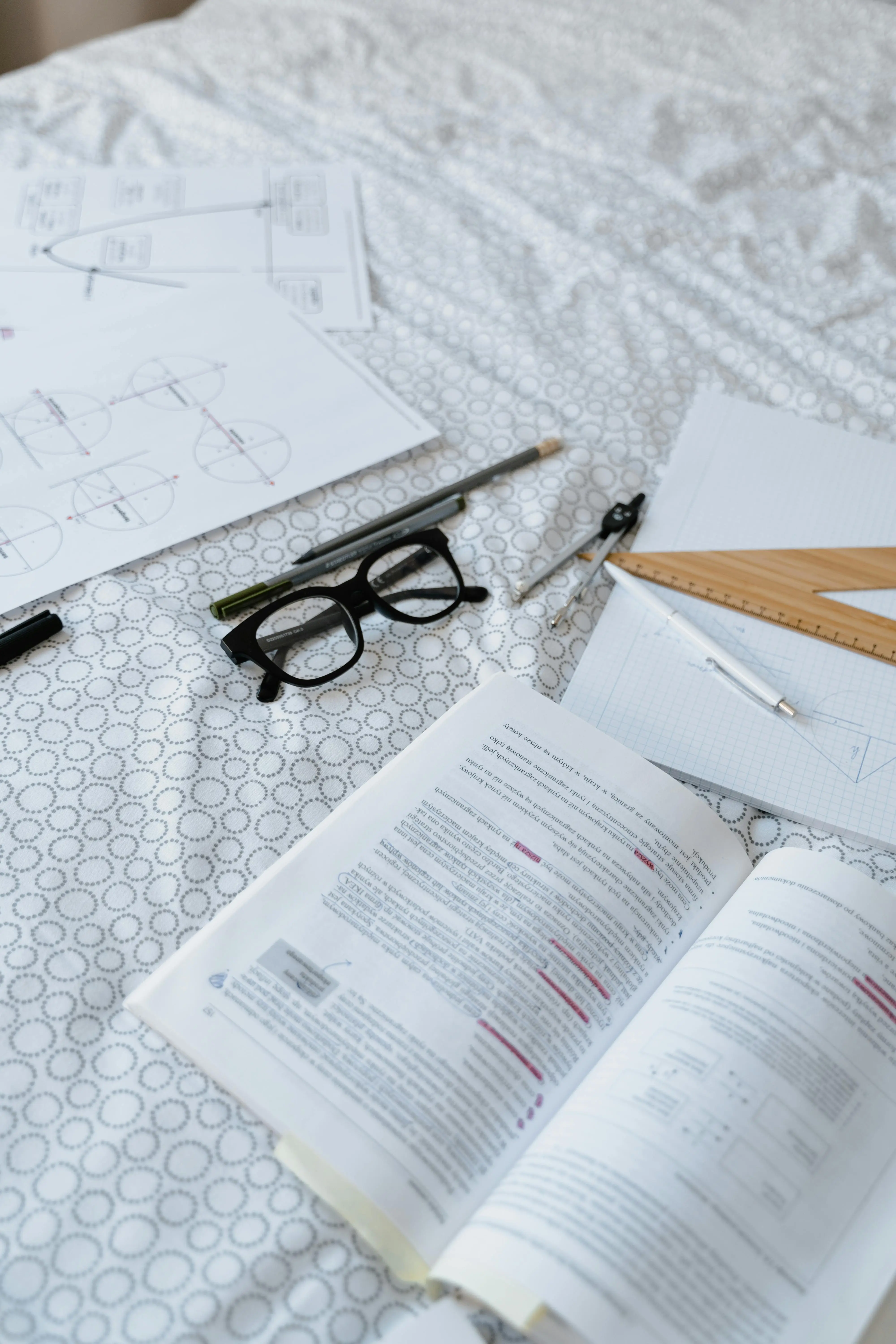 A quiet bedroom study scene with notebooks and glasses—high school students drafting research papers for academic journals.