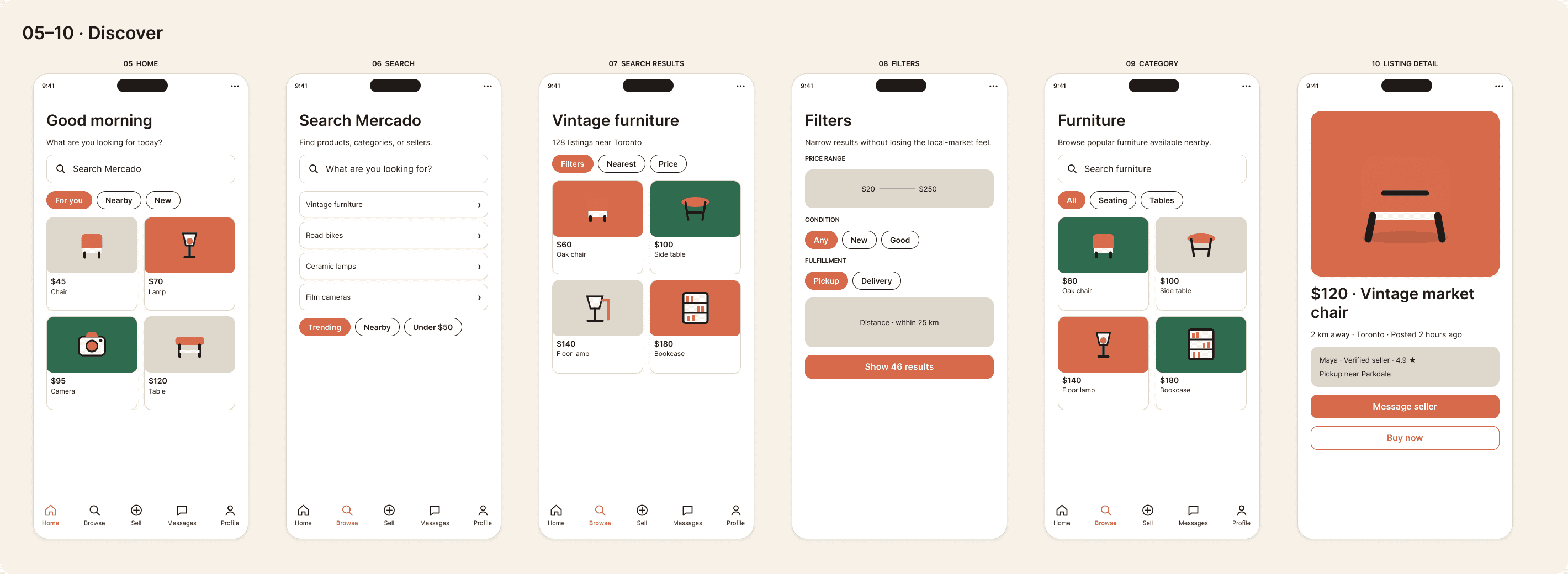 Mercado Home, search, results, filters, category and listing-detail screens