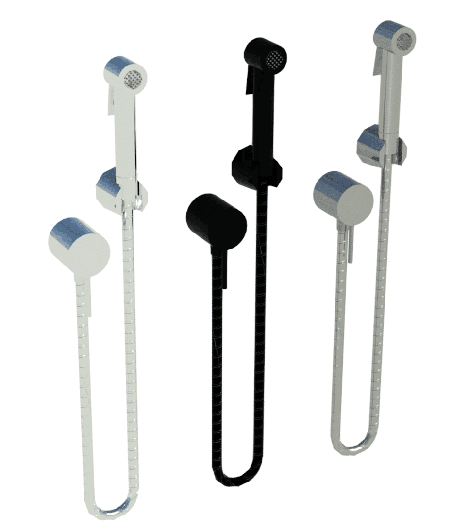 Raytrace showing three materials for the Shataf bidet spray.