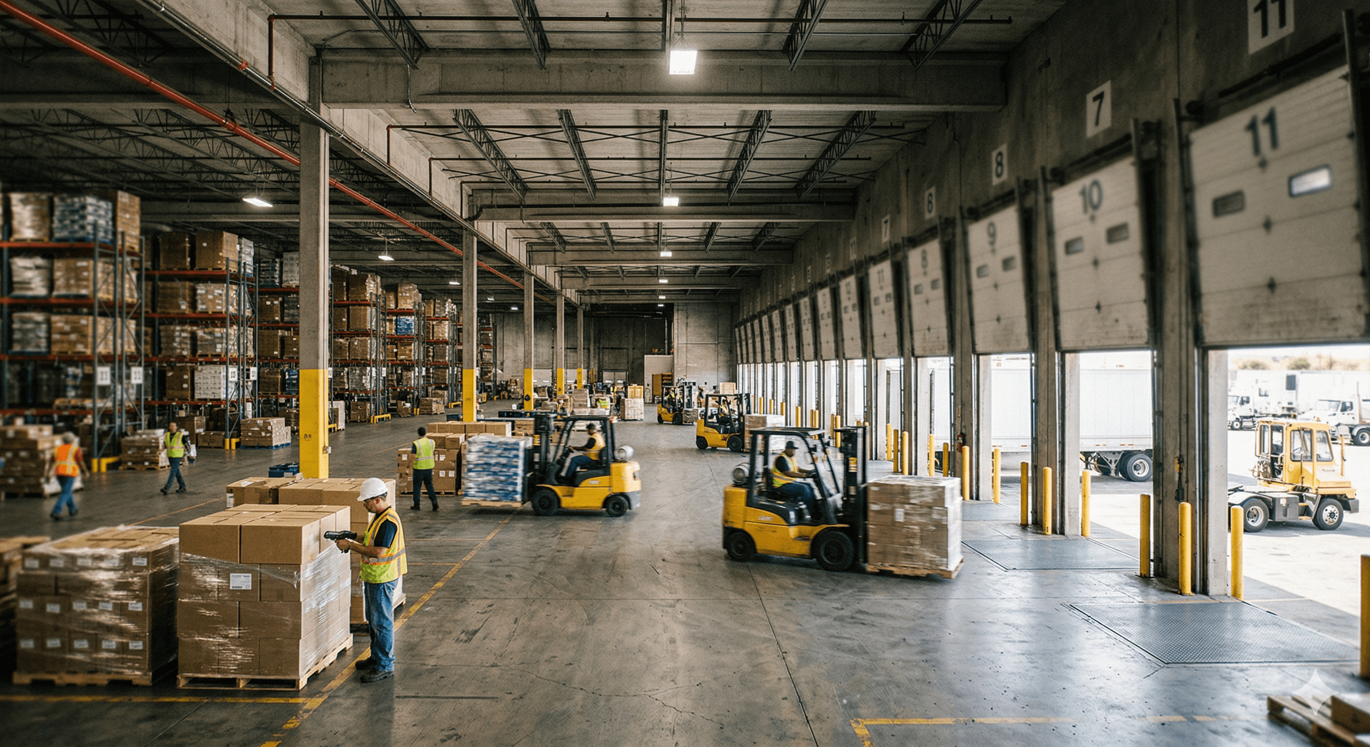 busy warehouse with forklifts and open trailer doors