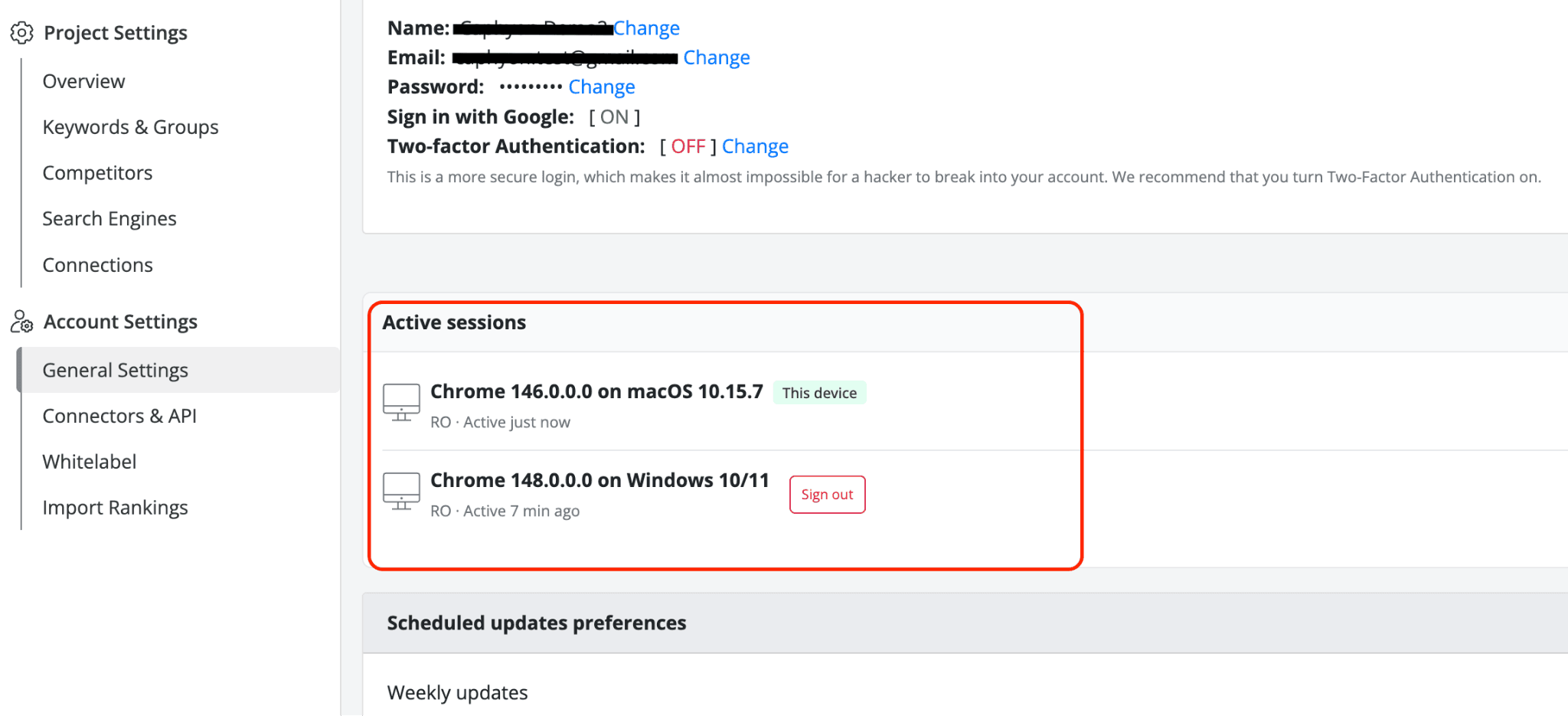 Active Sessions Section - advanced web ranking
