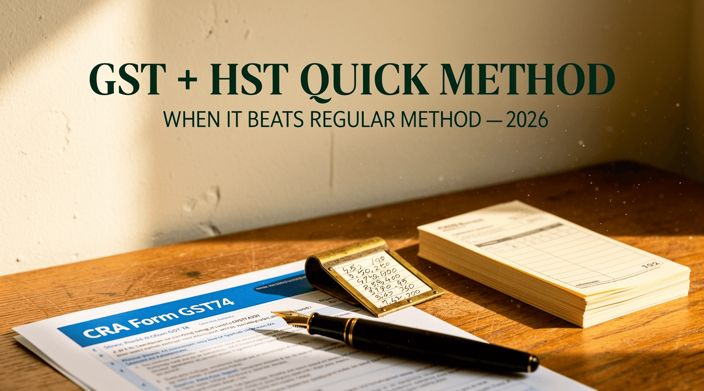 Form GST74 with brass-edged ledger card on oak desk with title overlay.