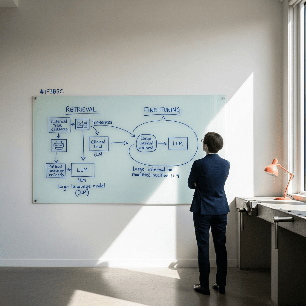 A minimalist, sunlit research lab with a large glass whiteboard. On the board are two distinct architectural diagrams drawn in #1F3B5B ink. One diagram clearly illustrates a 'Retrieval' pipeline with external data sources flowing into an LLM. The other shows a 'Fine-Tuning' loop where a large dataset internally modifies the LLM. A single person in professional attire stands back, contemplating the diagrams. The scene is photorealistic, with soft natural light from a large window creating a calm, focused atmosphere. The upper-left third of the image has clear negative space. Aspect ratio 16:9. No text or logos on the image. Strictly avoid banned visuals: no neon glows, holograms, floating brains, circuit overlays, or abstract geometric shapes.