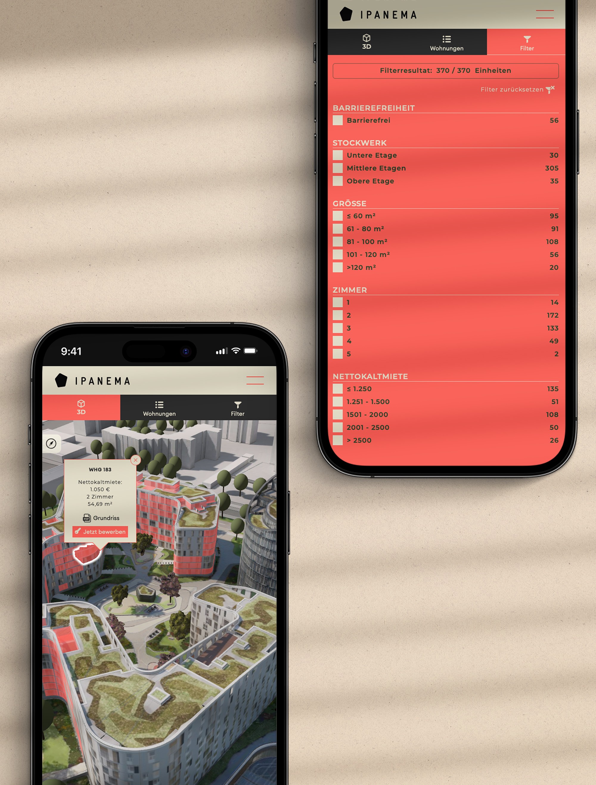 Zwei Smartphones mit der Ansicht des Wohnungsfinders, Smartphone 1: Interaktive 3D-Ansicht der Gebäude