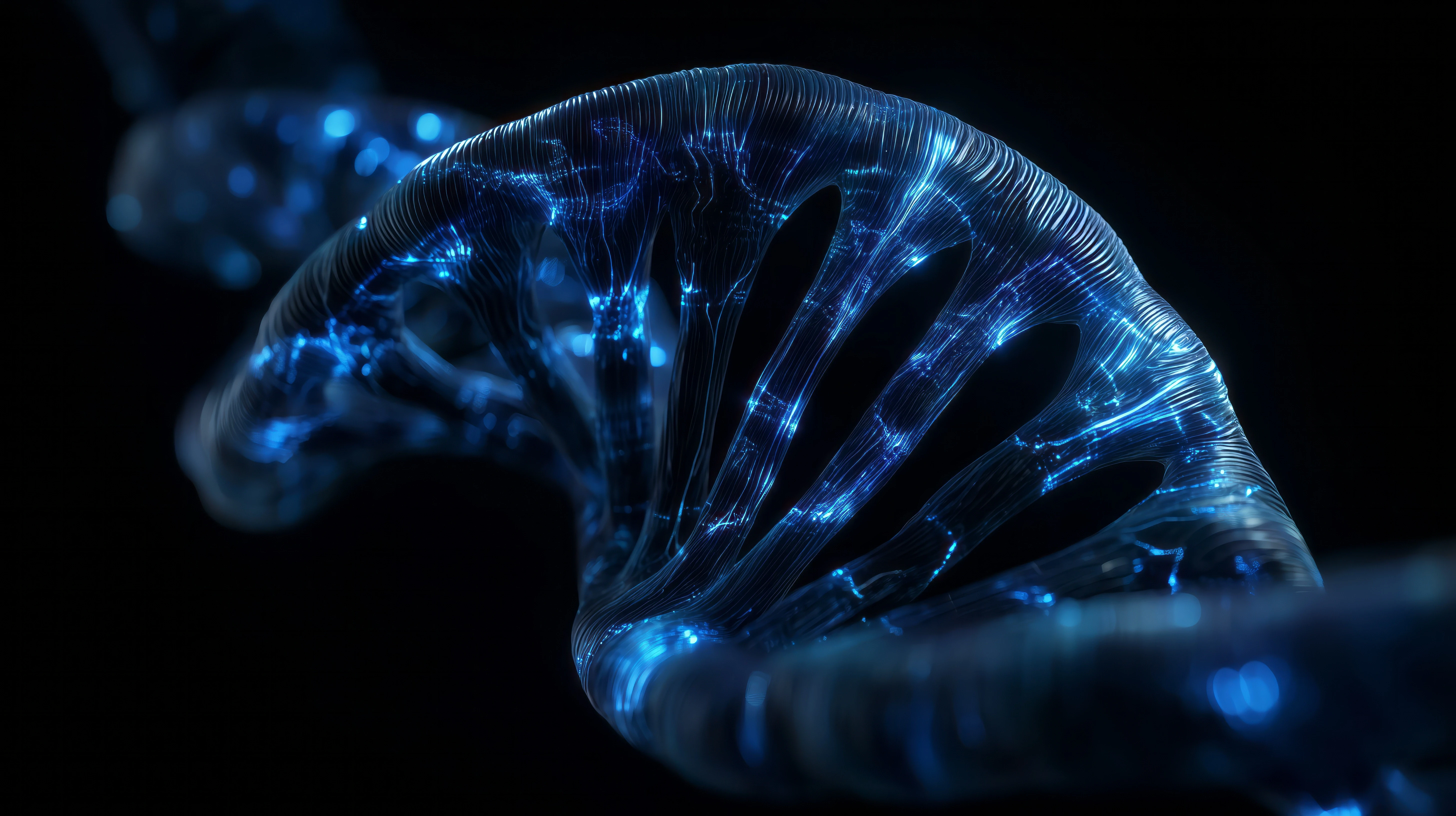 Abstract 3D DNA helix with glowing blue neural connections on a dark background, symbolizing neural music, neuroscience-driven creativity, artificial intelligence, and the fusion of sound, mind, and technology.