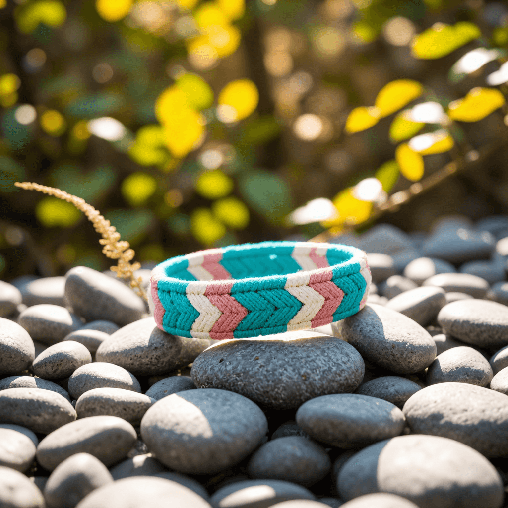 product photography of a woven bracelet with geometric patterns, typically used as a fashion accessory