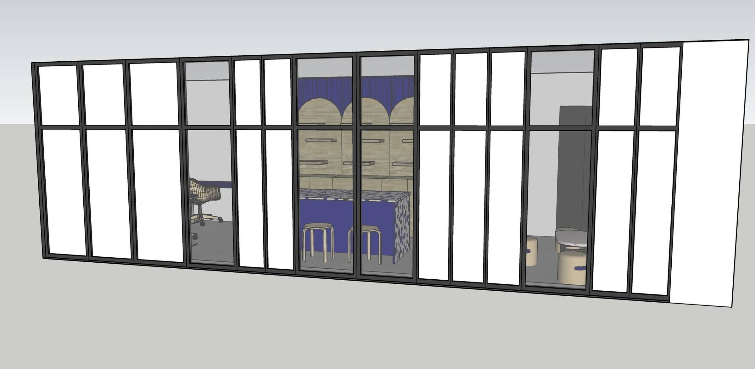 3D render of bespoke London office design shown from external perspective, highlighting layout, window panels and architectural features