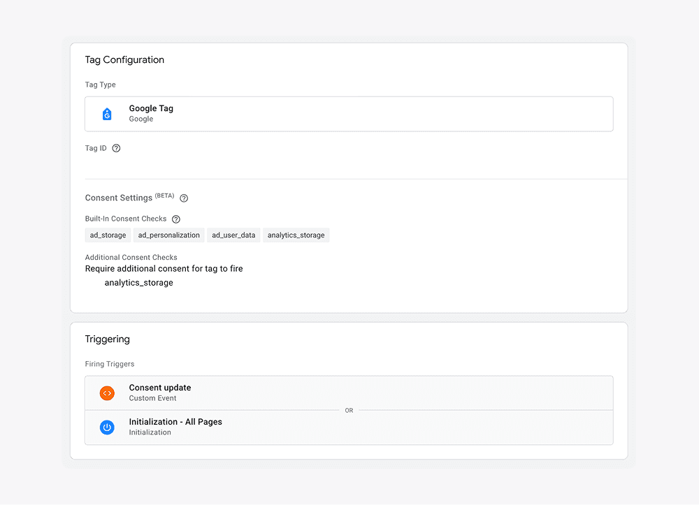 GTM tag overview with two firing triggers: Consent Initialization and the cookie_consent_update custom event.
