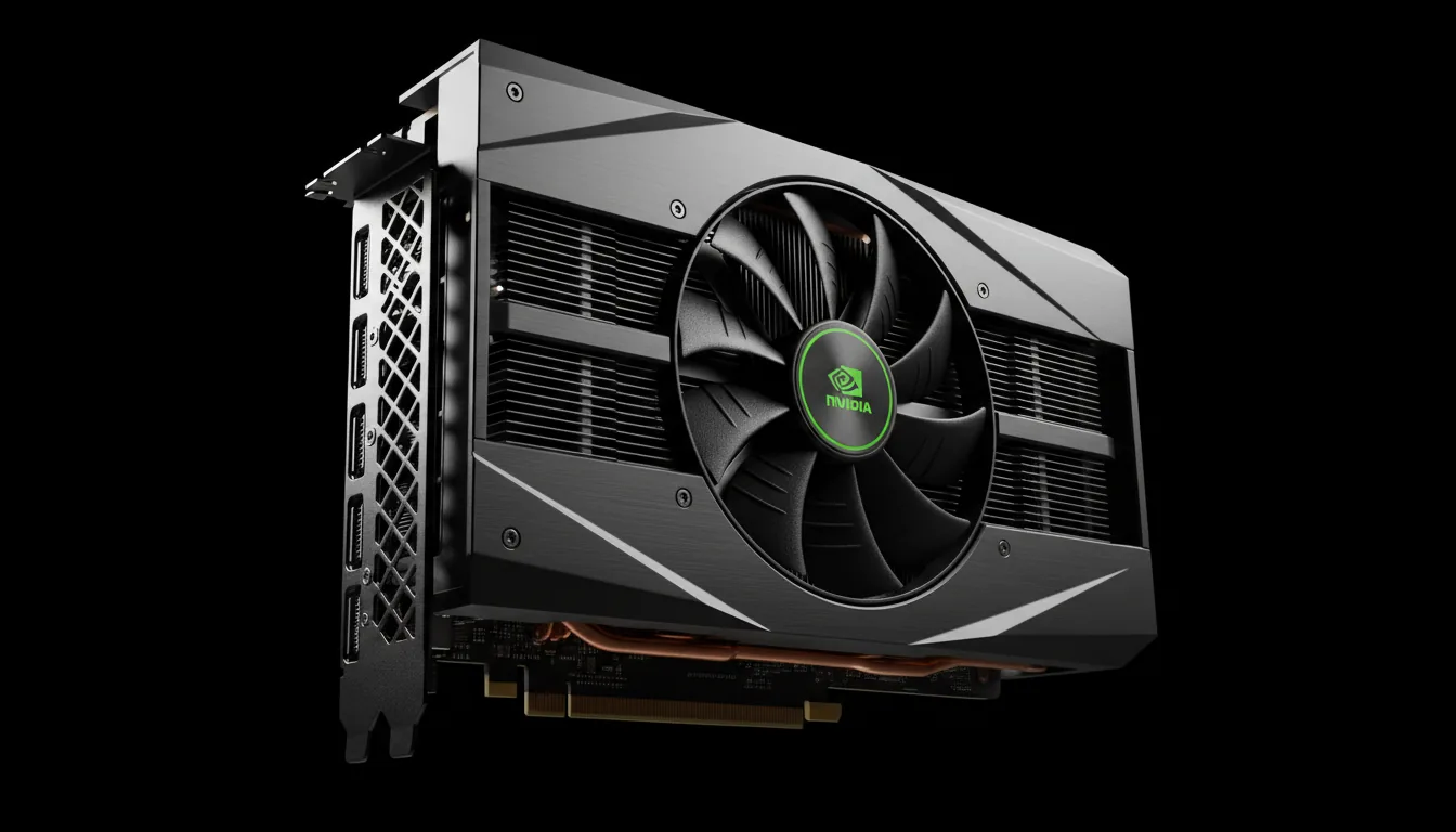 DSLR product photography of a modern NVIDIA GeForce RTX 4090 graphics card, angled three-quarters view. The card features a matte black and dark grey metallic finish with visible heatsink fins and a large cooling fan. Soft studio lighting creates cinematic contrast, with sharp highlights on the edges of the card against a pure black background. Extreme close-up, high detail, sharp focus.