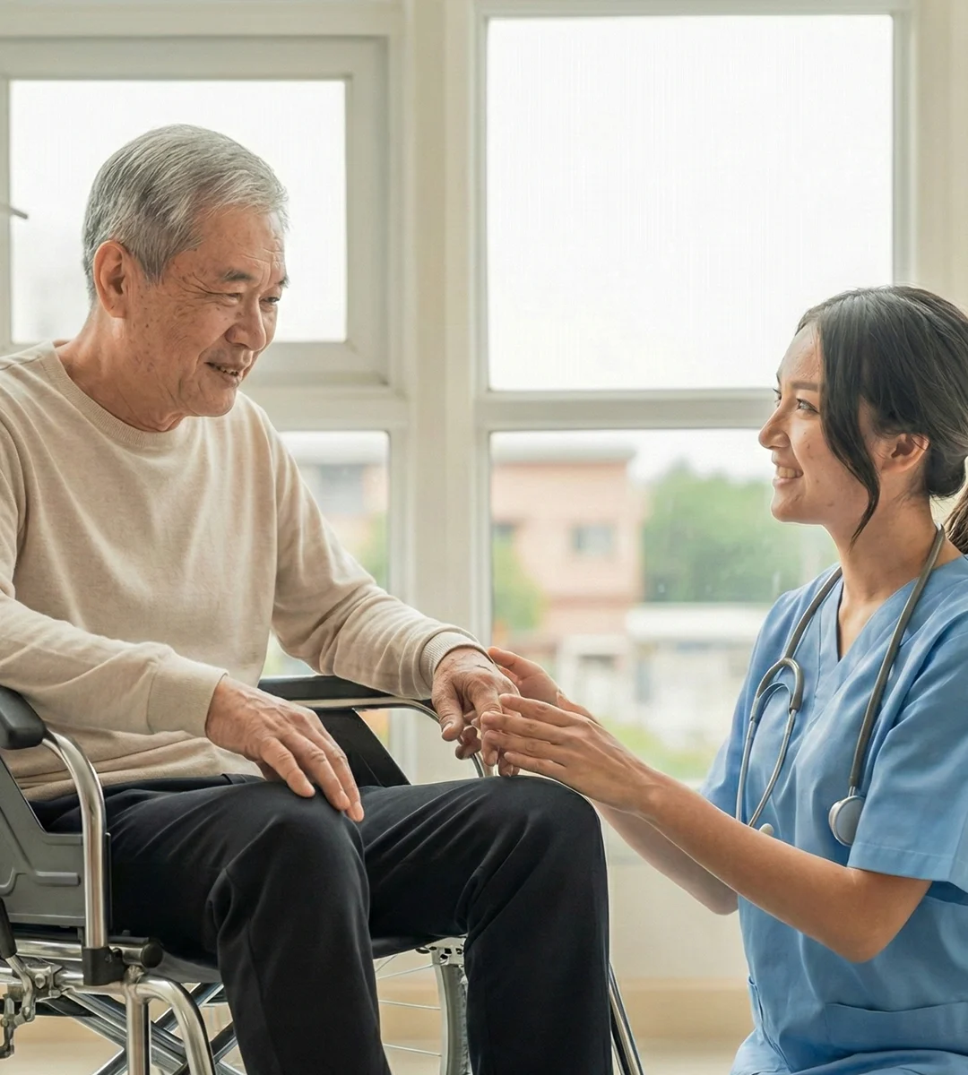 護理師在日照環境中陪伴長者，握著他的手進行溫柔的居家照護與關懷交流。畫面中，坐在輪椅上的年長者露出安心的微笑，護理人員以專業與溫暖支持長者的身心需求，展現高品質長照服務與陪伴復健的重要性。