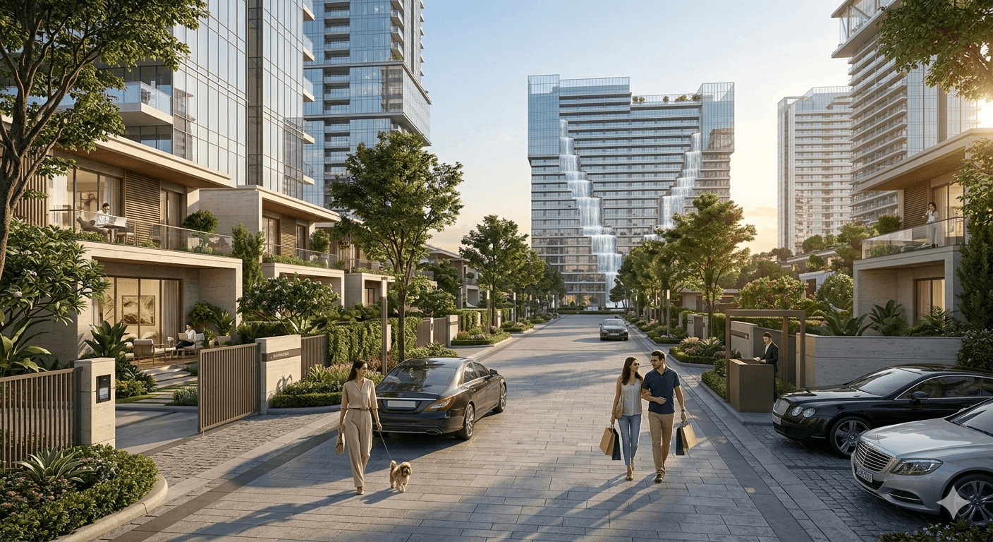 Premium gated community streetscape with luxury cars and modern villas in Sector 62, Gurugram