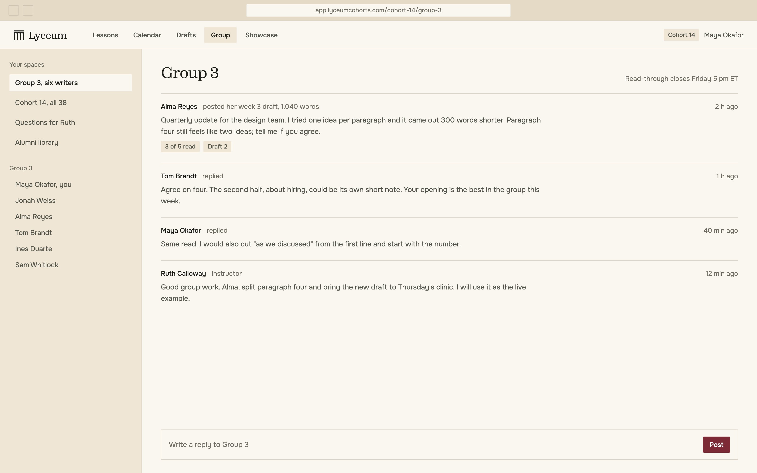 A group of six students commenting on each other's week 3 drafts