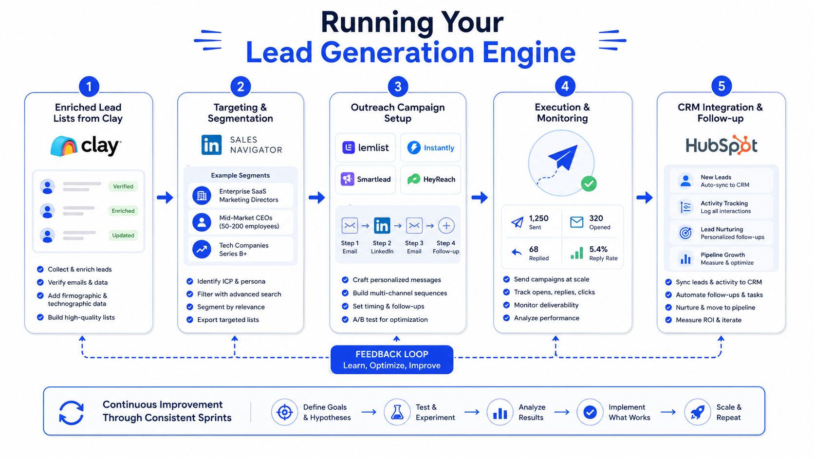 A diagram illustrating a five-step lead generation engine for businesses to optimize their sales funnel process.