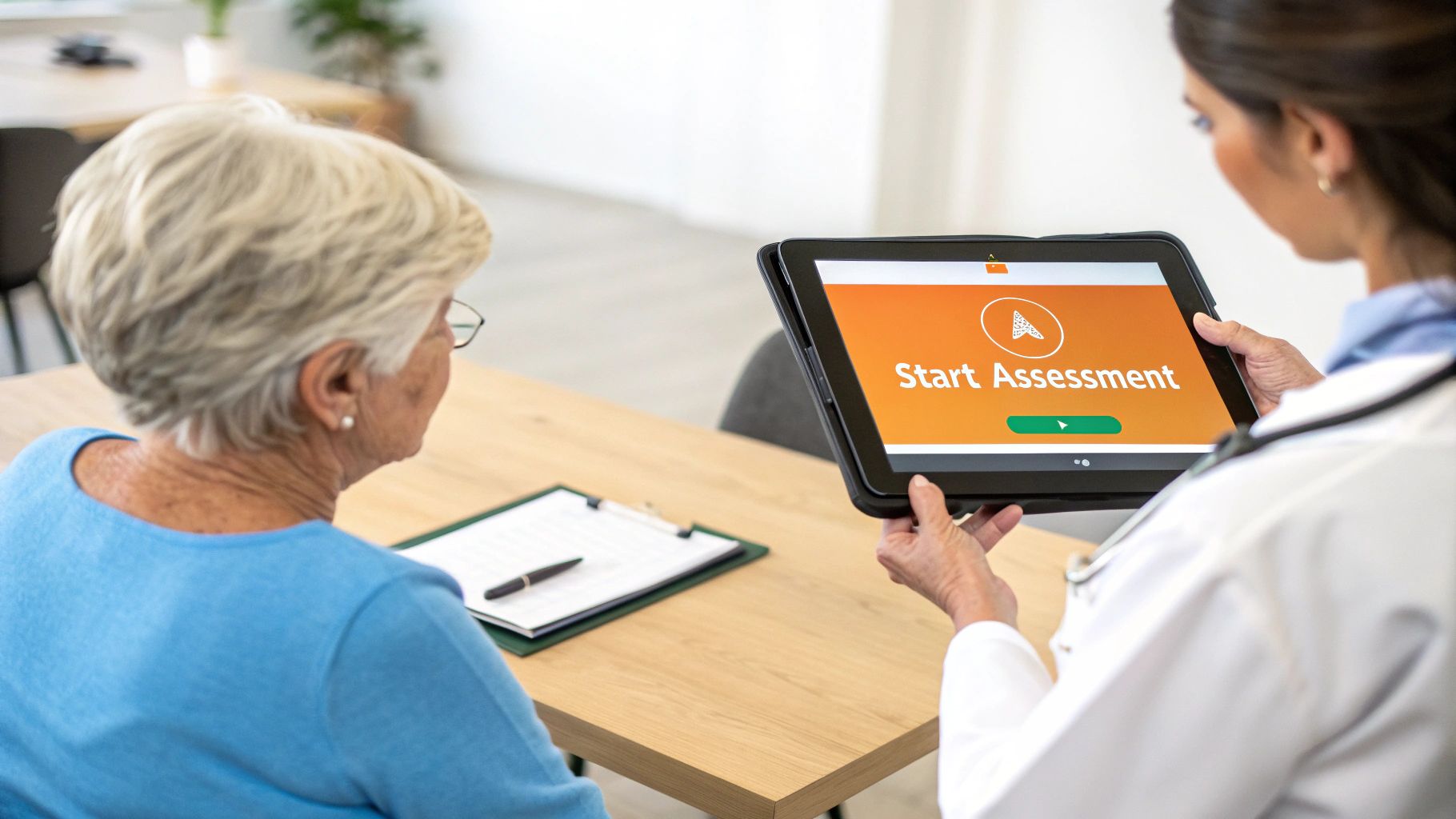 A doctor shows a tablet with a 