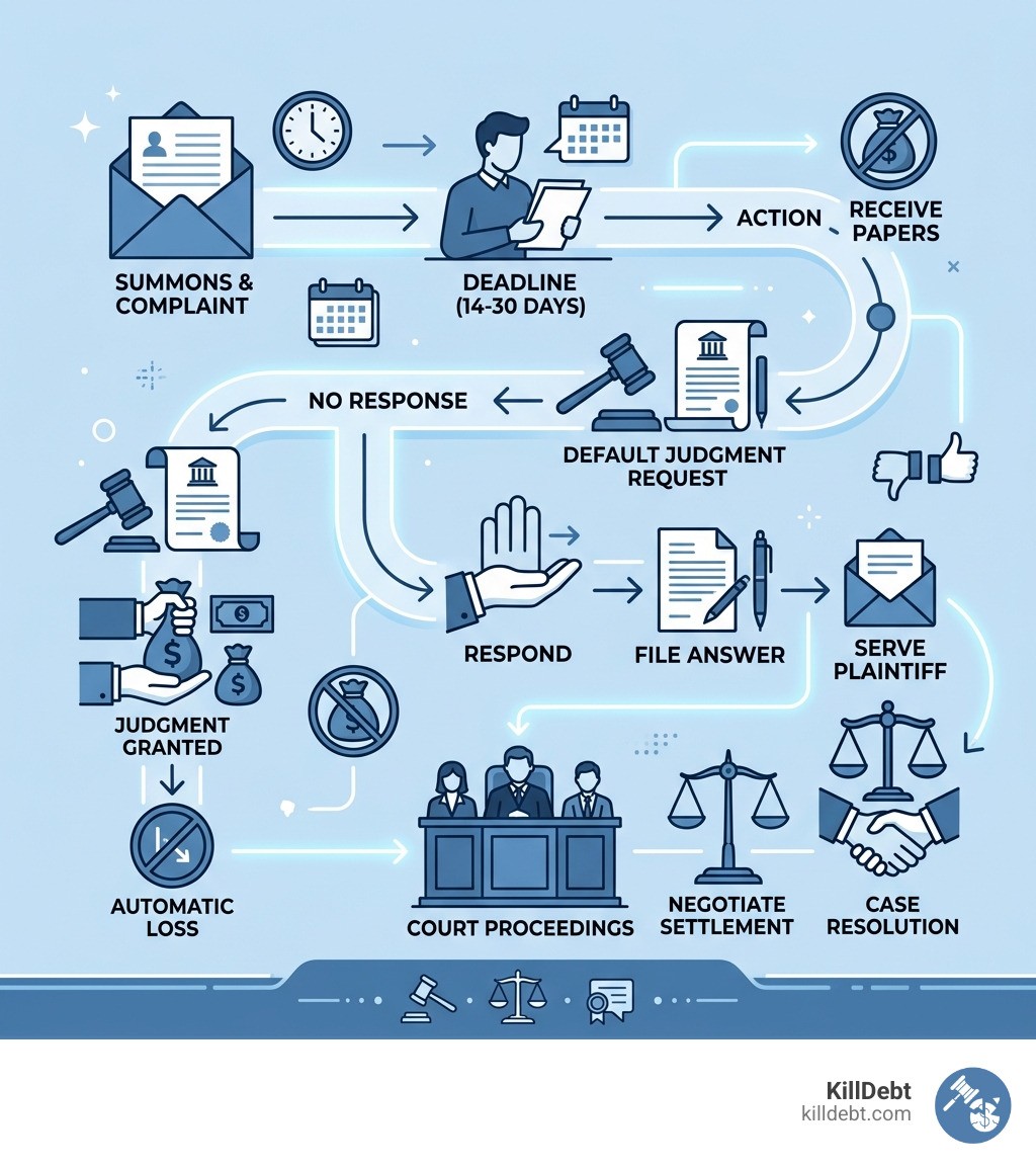 Debt lawsuit timeline from summons to default judgment or resolved case - respond to debt lawsuit infographic