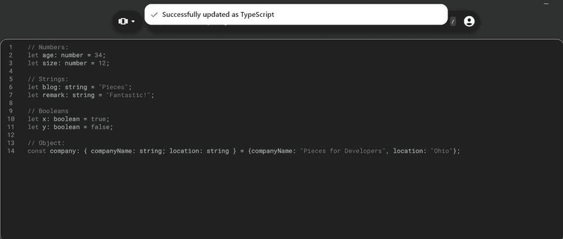 A success message after converting code to TypeScript.