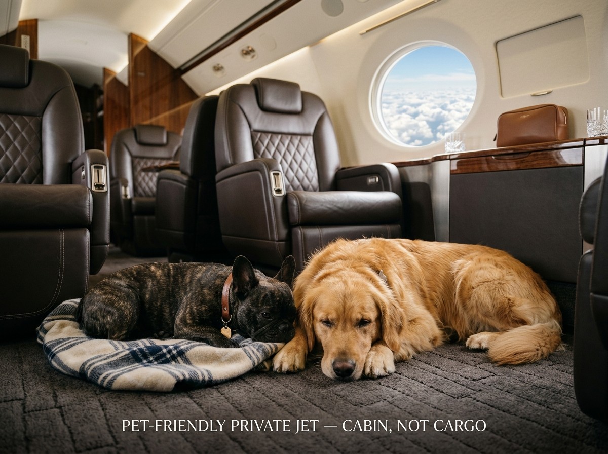 Pet friendly private jet booking — large dogs brachycephalic breeds cabin travel Air Charter Korea 2026